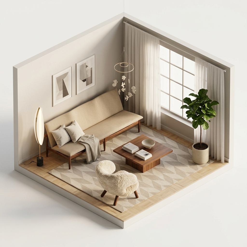 Ville vardagrum render 1 med House of Finn Juhl Pelican fåtölj Walnut, Maytoni Breeze golvlampa, House of Finn Juhl Japan