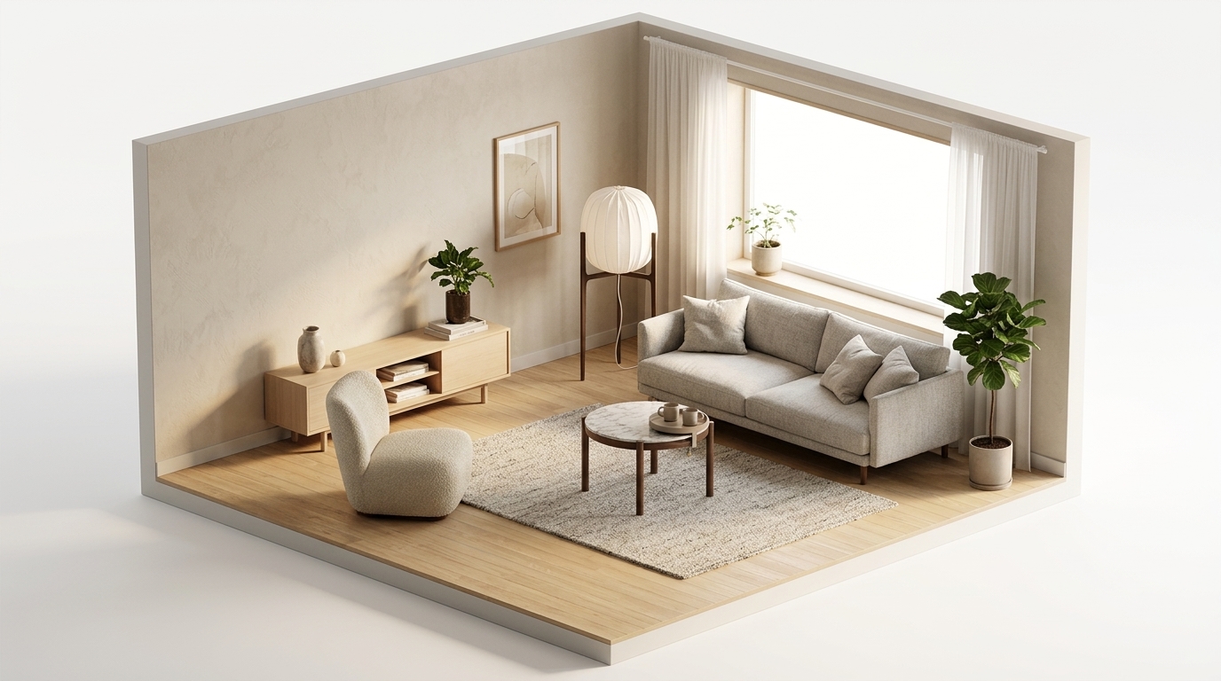 Scandi Oat Serenity med Watt & Veke Prisma floor golvlampa Ø48 cm, Dark ash-white, Flexform Gustav - Sidobord, Navet Bricka