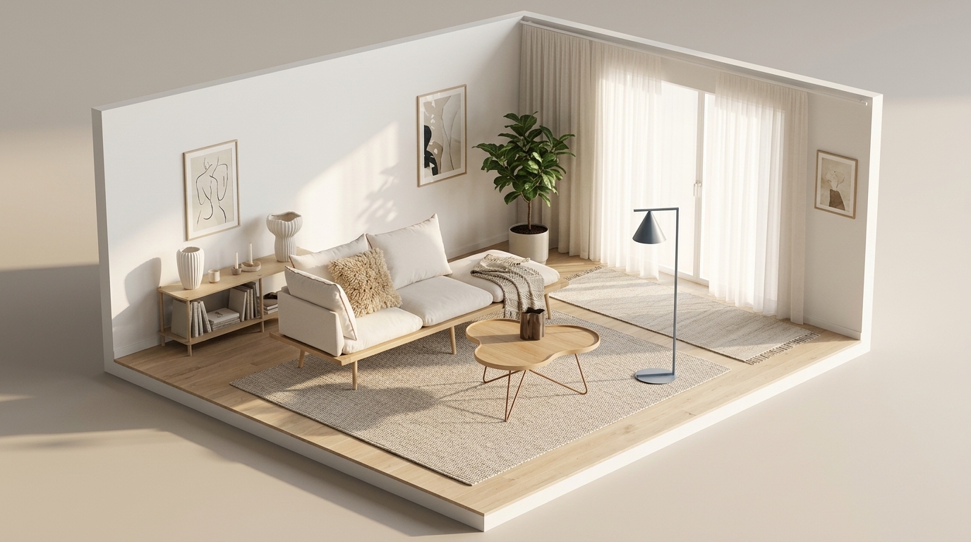 Sunlit Scandi Haven med Umage Lounge Around 3-sits soffa Oak/White Sands, Swedese Flower mono bord 84x90 cm, H39 Ek