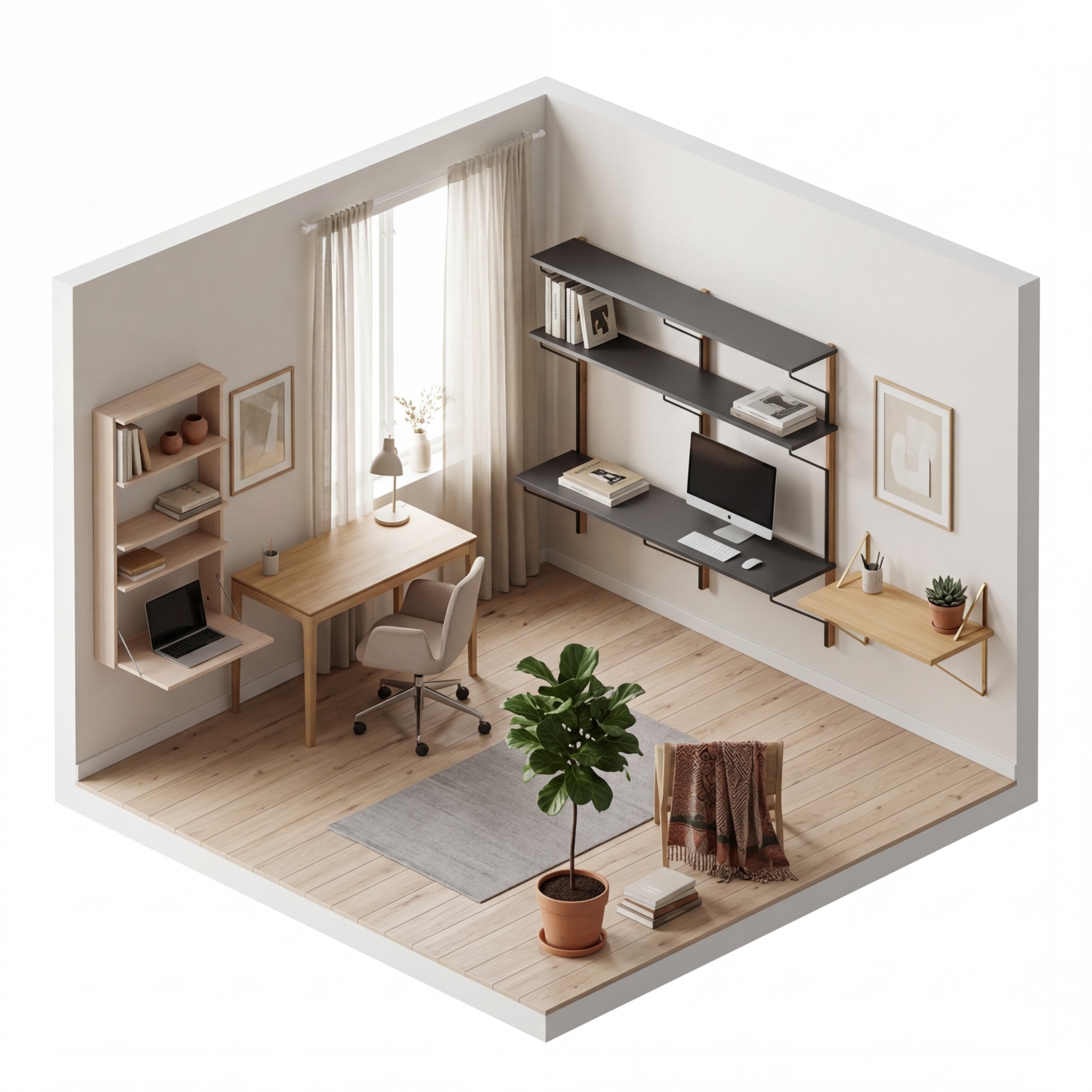 Favorites render 1 med Ethnicraft Bok Desk, Artek Kaari Vägghylla med skrivbord REB 013, Maze Interior Pythagoras Desk,
