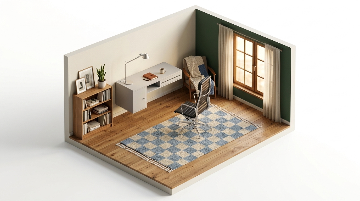 Nordic Mist Serenity med Montana Montana Selection Bureau skrivbord, Cappellini Lotus High Chair, Artemide Tolomeo Midi