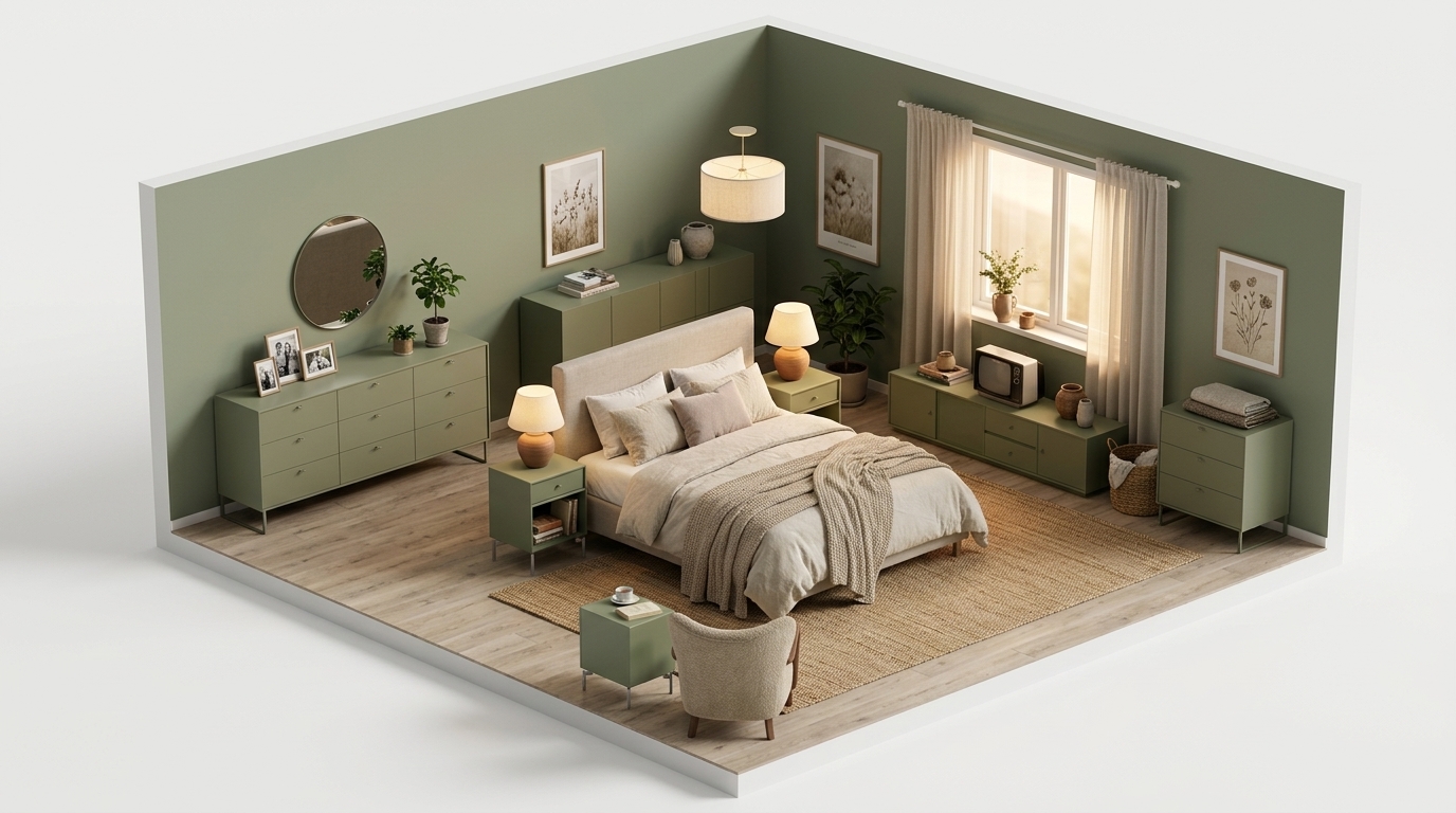 Earthy Scandi Serenity med Mavis Deus byrå 9 lådor, Olivgrå, Montana Montana Selection Octave VIII TV-bänk sockel 3 cm,