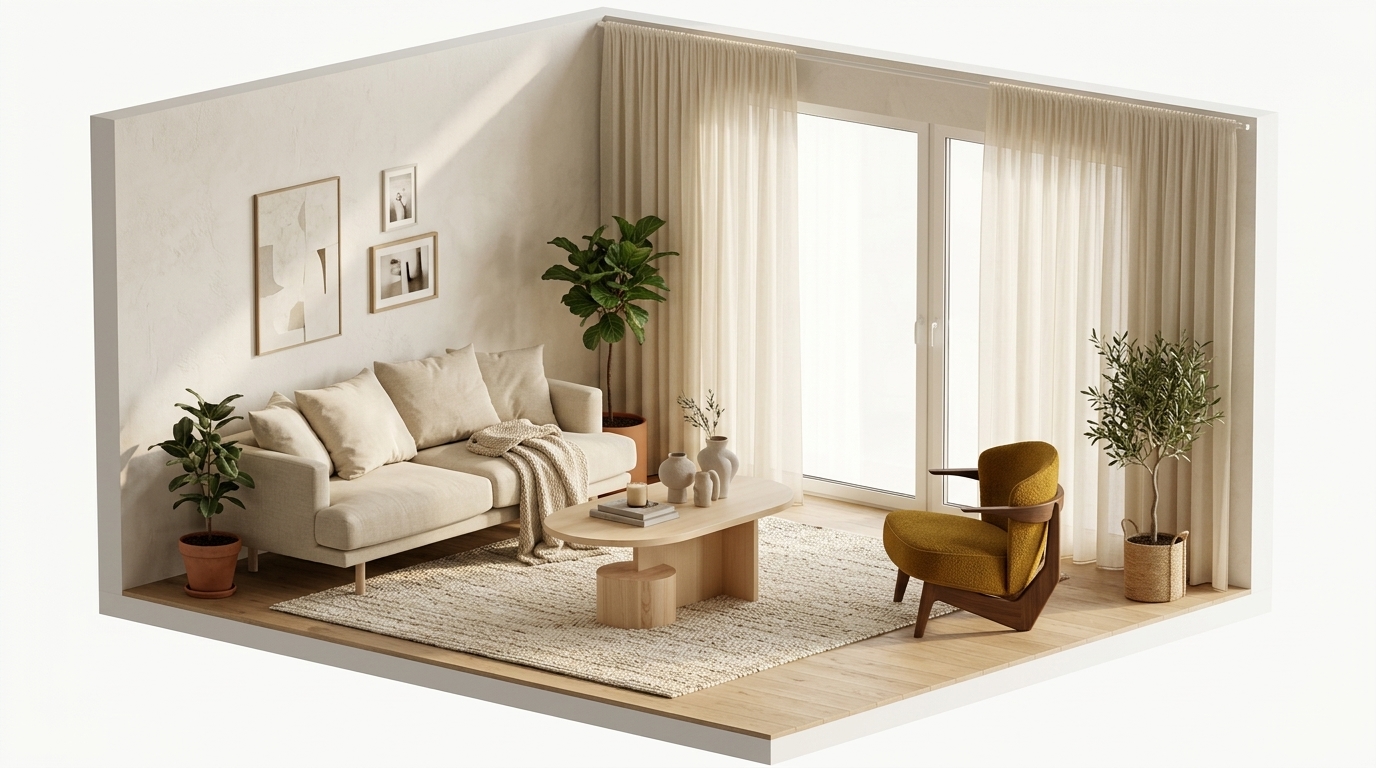 Sunlit Japandi Serenity med 1898 Sjövik 2,5-sits soffa, Bern 0341 Beige, Zanat Sova loungefåtölj oljad valnöt, Ferm Living
