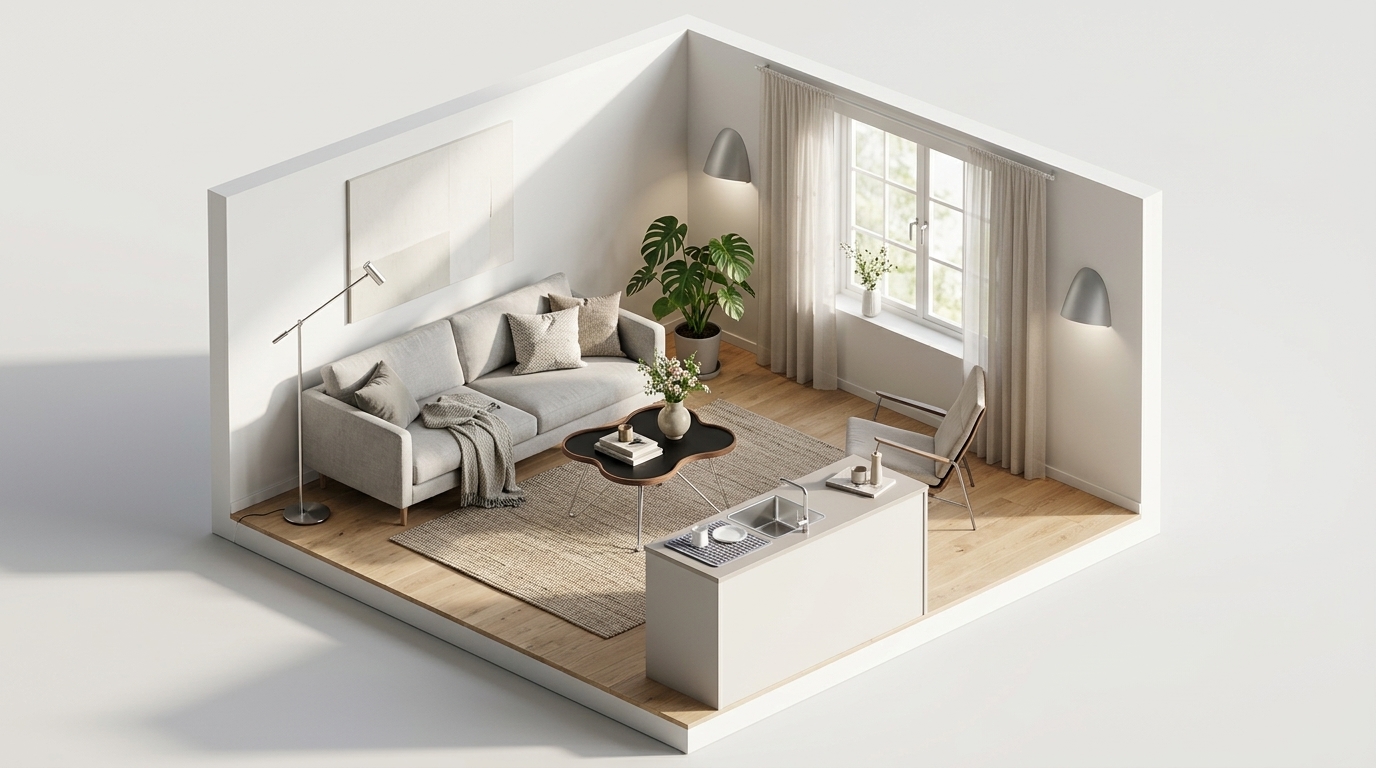 Architectural Modern Calm med Belid Cato Dimbar golvlampa, Plejd Väggarmatur OUT-02, Swedese Flower bord 62x66 cm,