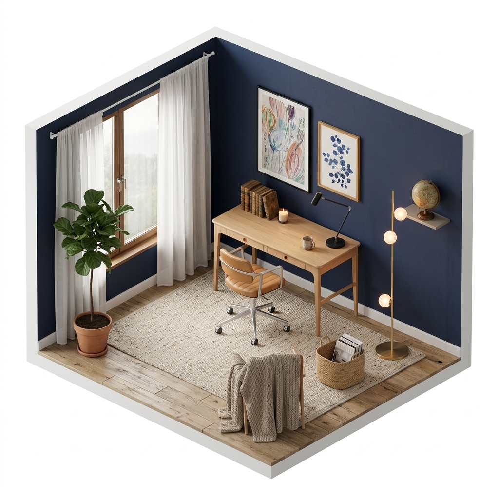 Lampor render 5 med Vipp Vipp453+ kontorstol hjul, Örsjö Belysning Minipoint bordslampa, svart, Bloomingville Francine tavla