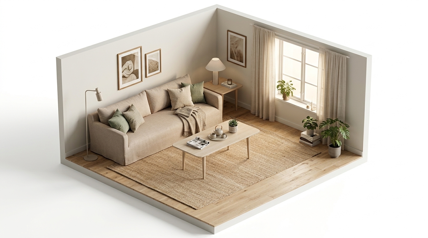 Sand Nude Hygge med Dusty Deco Dolores Sand Sofa, Carl Hansen CH011 soffbord, House Doctor Mara matta 200x300 cm, Nude