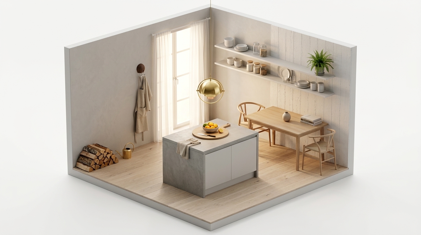 Refined Nordic Brass med GUBI Multi-Lite taklampa, mässing, Eva Solo Skärbräda ek, Massproductions Hercule Wall Hook