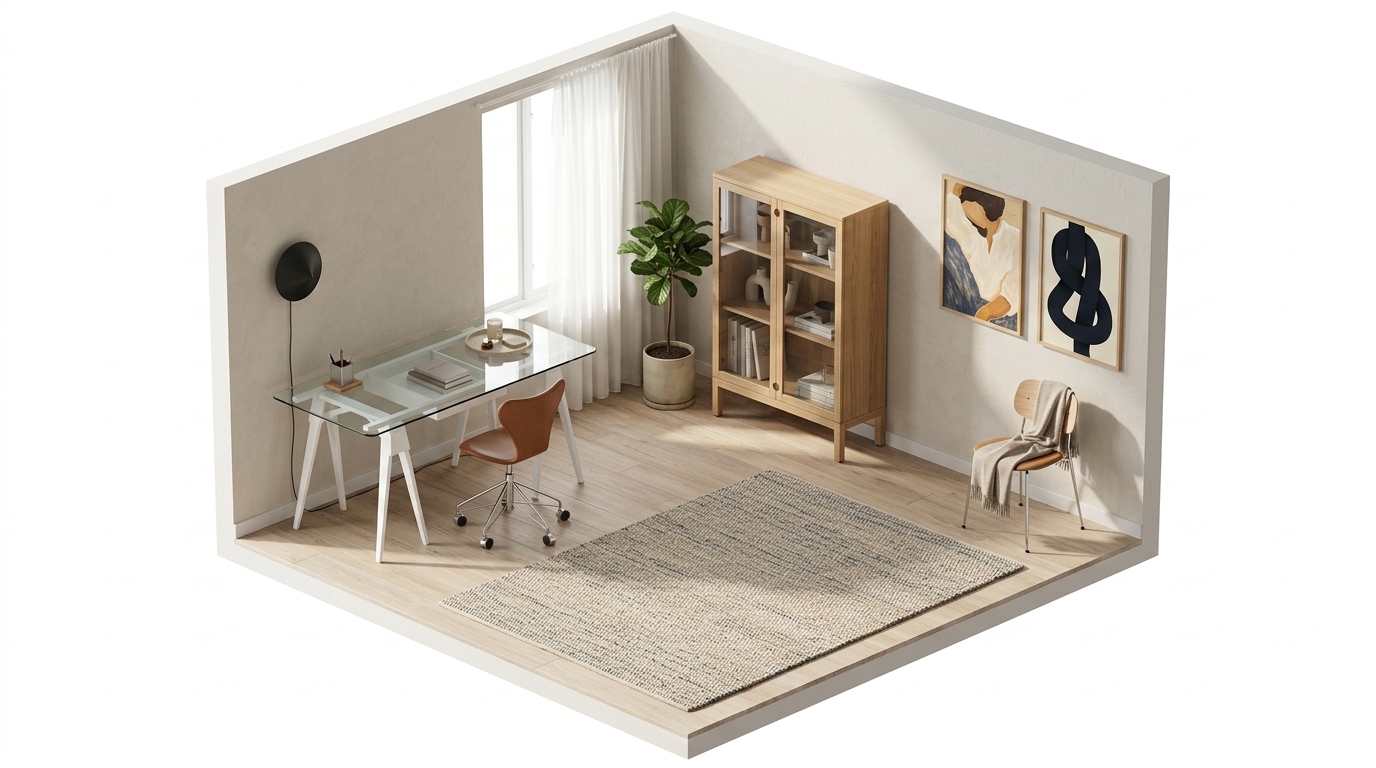 Mitt nya kontor med Paper Collective Silent Dreams poster, 30x40 cm, Design House Stockholm Arco Desk, Stolab Prio Skåp Hög,
