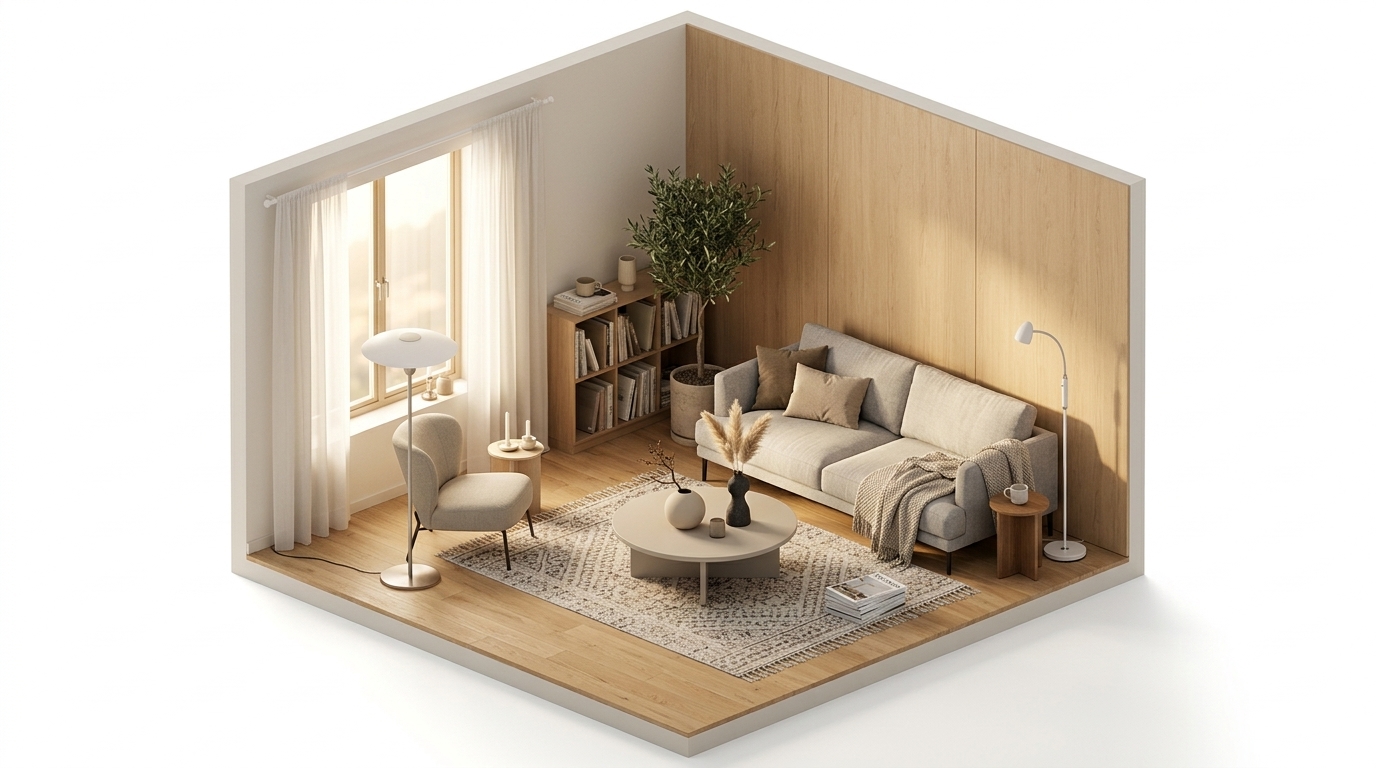 Modern Earthy Comfort med Armaturhantverk Koster 1 golvlampa, New Works Kantarell golvlampa, Cooee Design Ball vas sand, 10