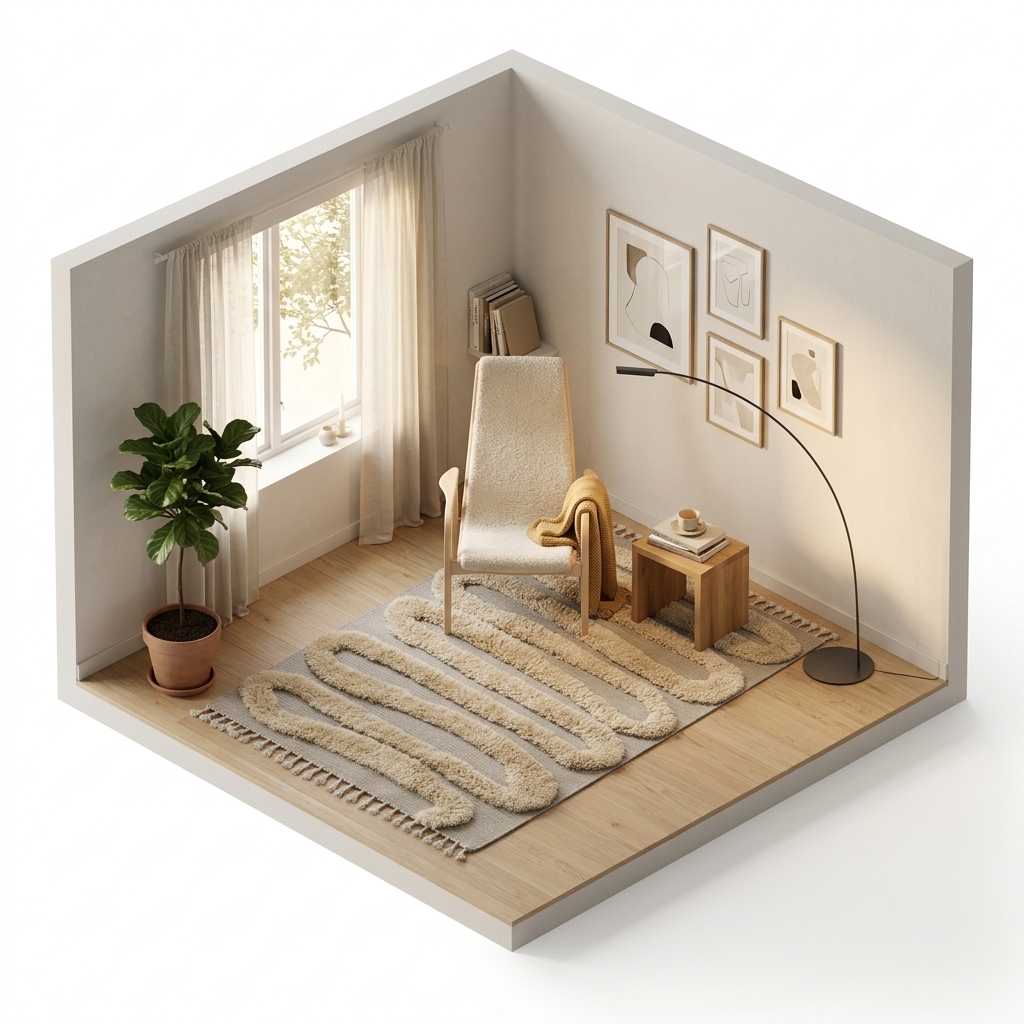 Kaffehörna render 5 med Swedese Laminett fåtölj lackad bok/fårskinn, Moonlight (beige), Dusty Deco Snake Rya Off White