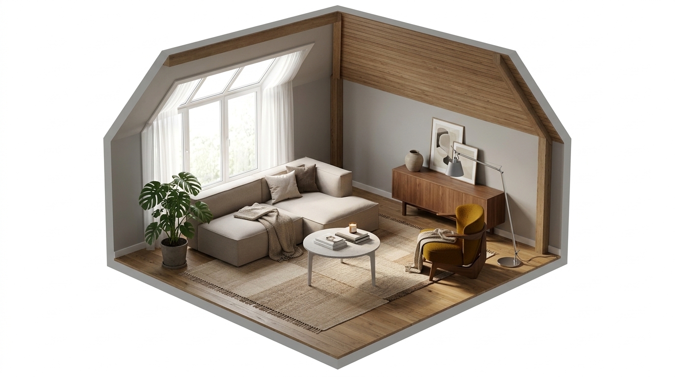 Slanted Loft Hygge med Zanat Sova loungefåtölj oljad valnöt, Ferm Living Catena soffa högermodul schäslong S601, Mavis
