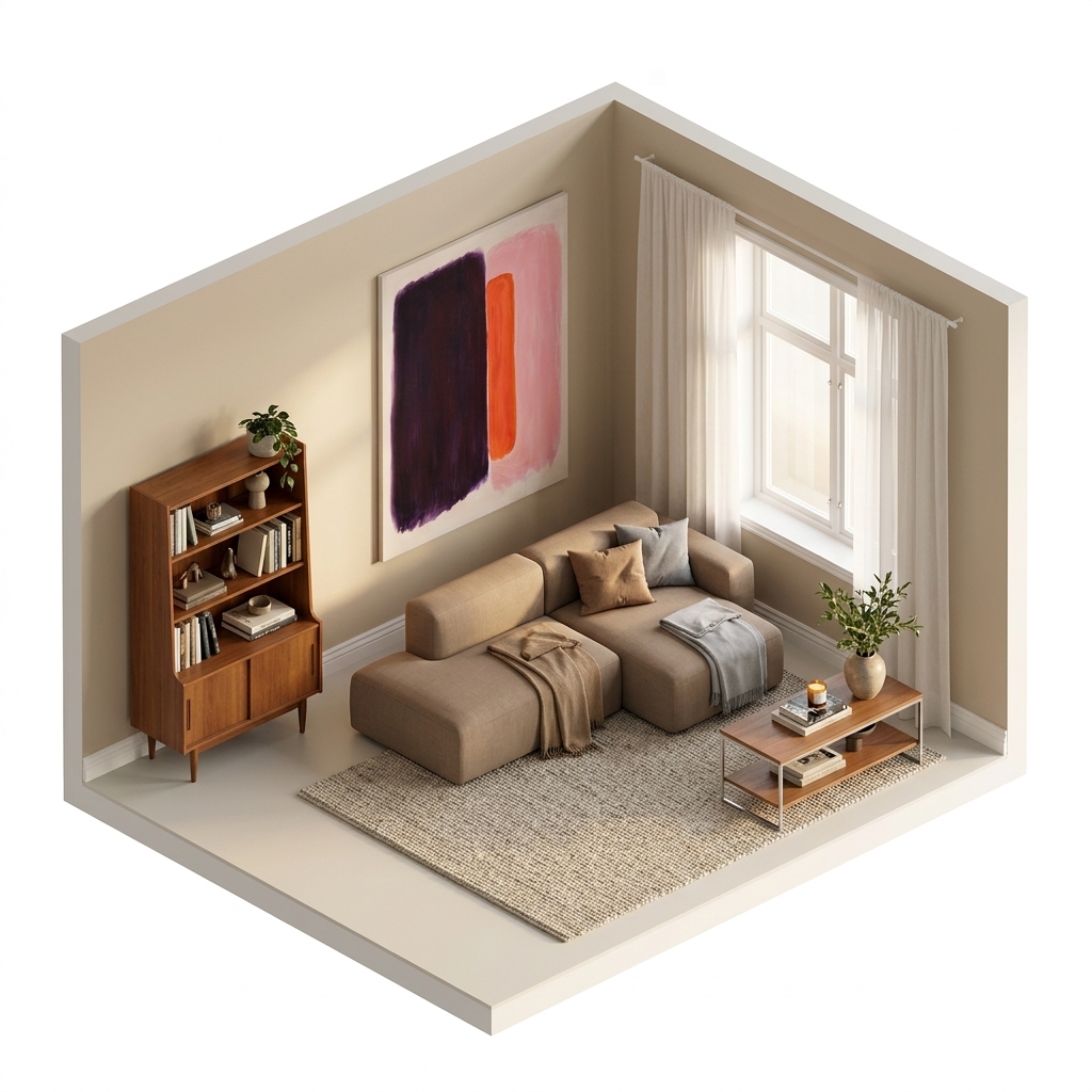 Mitt rum render 2 med NO GA Brick 2-Seater Chaise Lounge Open End Left, URBAN NATURE CULTURE Bola väggdekoration 80x100 cm,