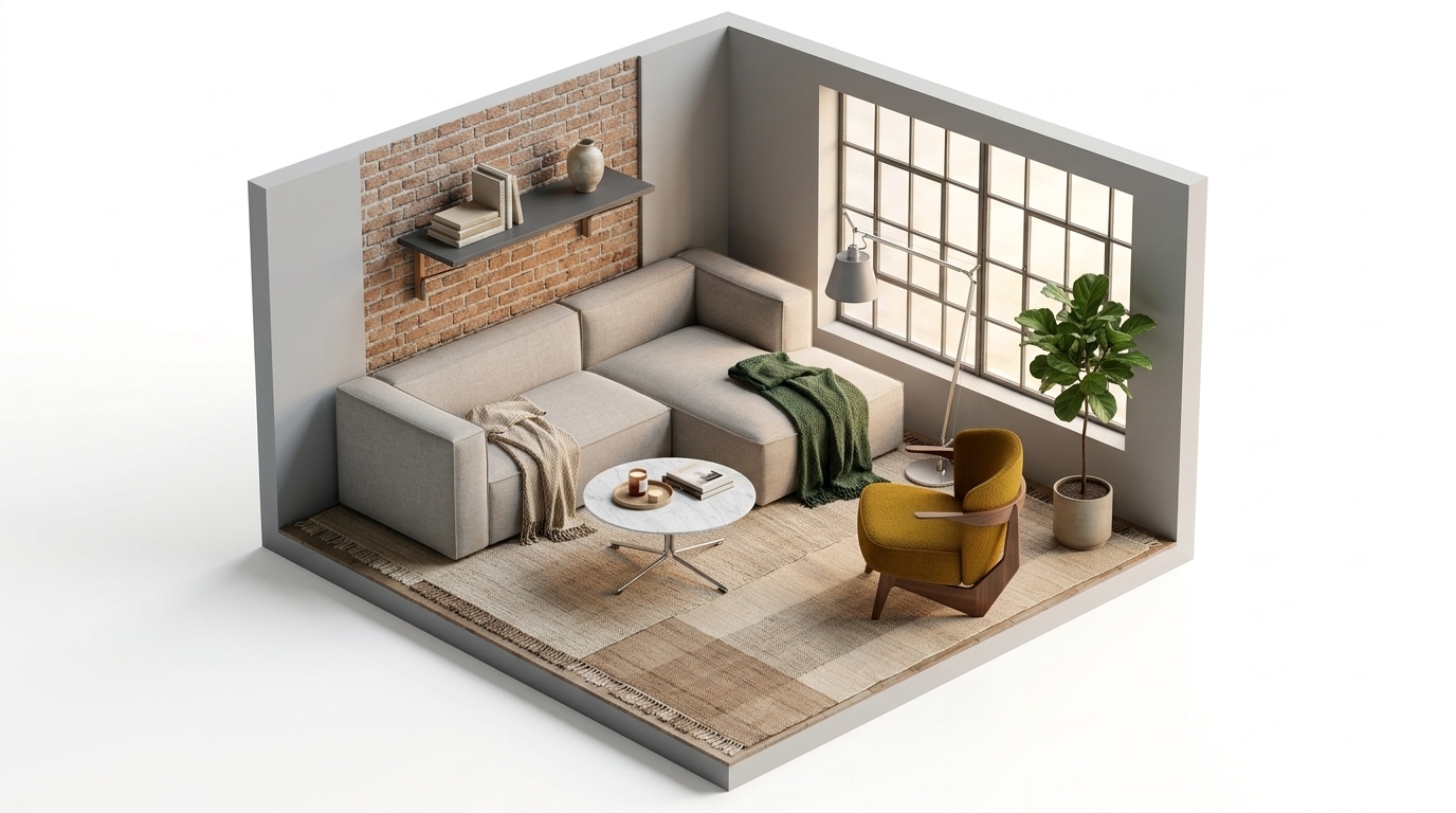 Sunlit Scandi Loft med Zanat Sova loungefåtölj oljad valnöt, Ferm Living Catena soffa högermodul schäslong S601,
