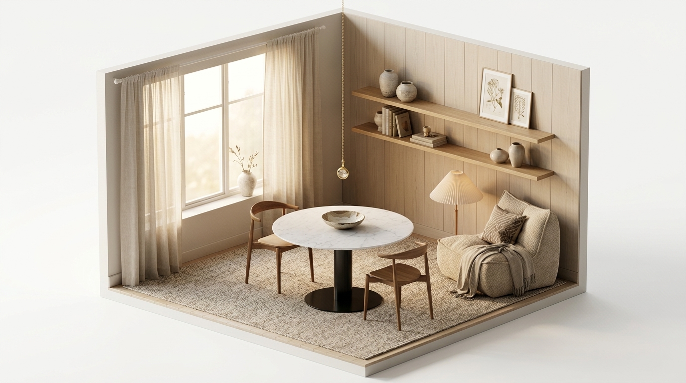 Nordic Walnut Elegance med Gubi GUBI 2.0 matbord Ø110 cm svart, Riviera Maison Fåtölj Accent Chair Soft Walnut, Syster P