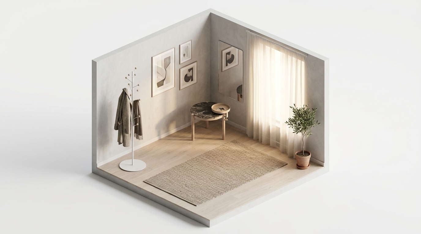 Oat Scandi Serenity med Maze Bill Floor klädhängare, Vit, Flexform Gustav - Sidobord, Navet Bricka Clamp Tray S Oat