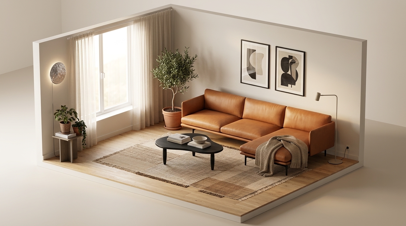 Refined Organic Minimalism med Muuto Outline Sofa Chaise Longue Right / Black Base, Massproductions Puddle bord, Svartbetsad