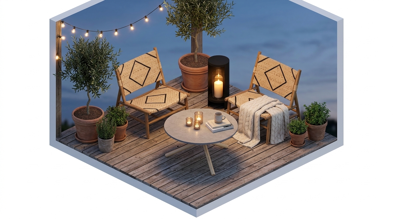 Skymningsglöd på teakdäck med Bloomingville Lennox loungestol, Natur-teak, Eberhart Furniture Bertha - Coffee Table, AYTM
