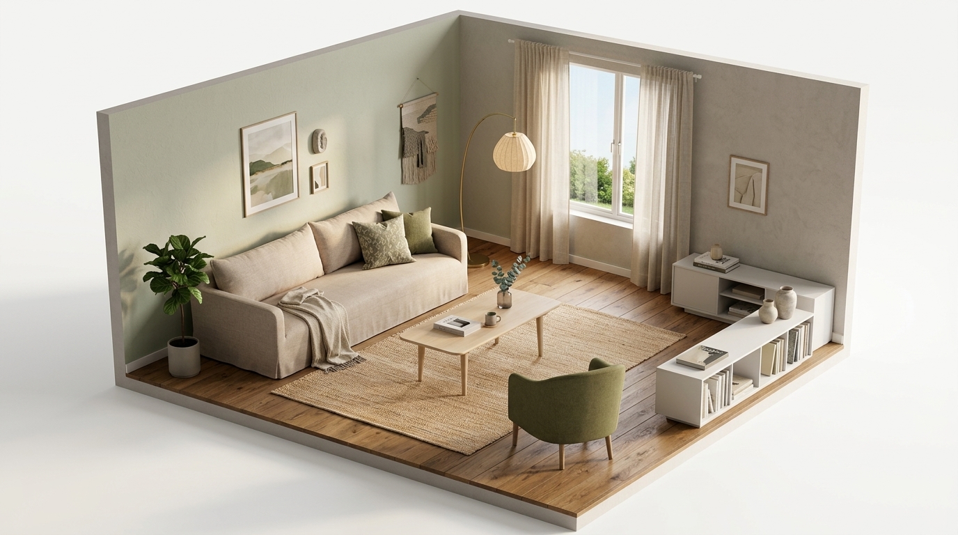 Scandi Sand Serenity med Dusty Deco Dolores Sand Sofa, Carl Hansen CH011 soffbord, House Doctor Mara matta 200x300 cm, Nude