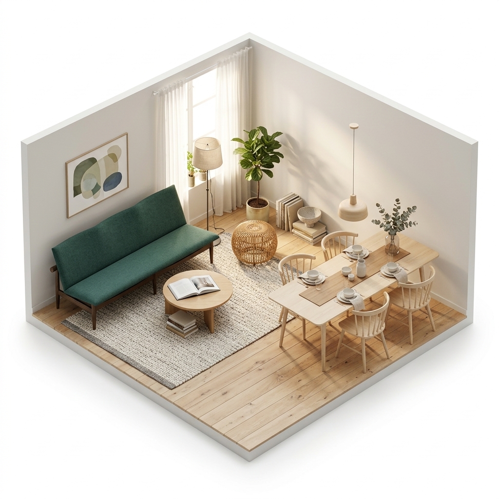 Kaffehörna render 3 med House of Finn Juhl Japan soffa 3 sits Dark oiled oak, Stolab Miss Holly bord 235x100 cm, Björk