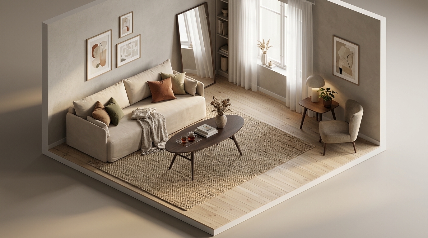 min vardagsrum med Torkelson Löderup Soffbord 140x70 cm, Audo Copenhagen Offset soffa 3-sits, Logan Jasmine