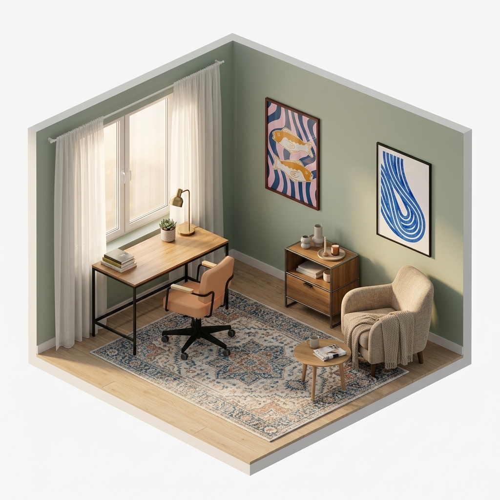 Sophisticated Abstract Nook med Vitra Fauteuil Direction Pivotant skrivbordsstol Deep Black, Bloomingville Remy illustration