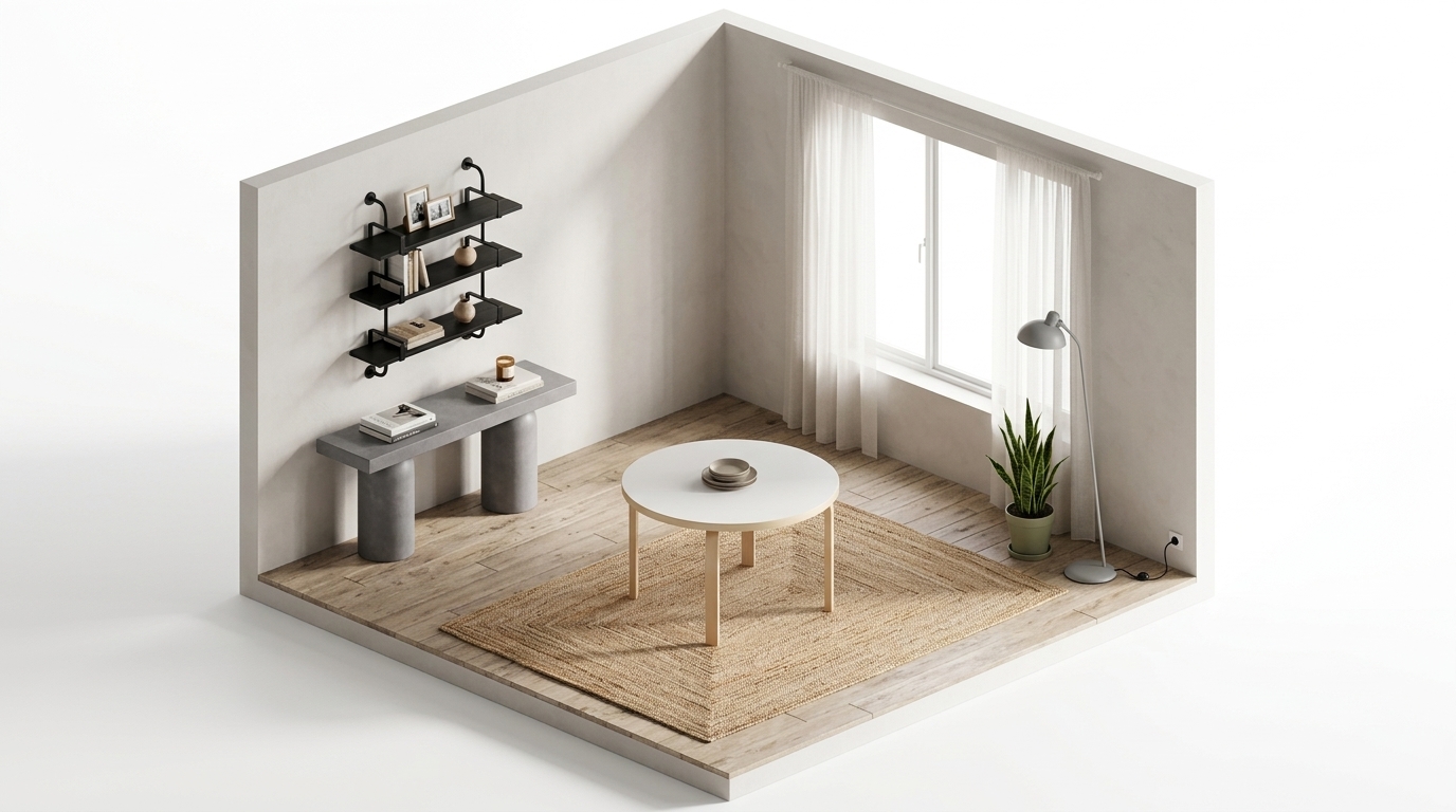 Steel Grey Serenity med Artek Bord 91, Gubi Démon vägghylla 3 hyllplan 95 cm, Dusty Deco Console Table, Fritz Hansen Kaiser