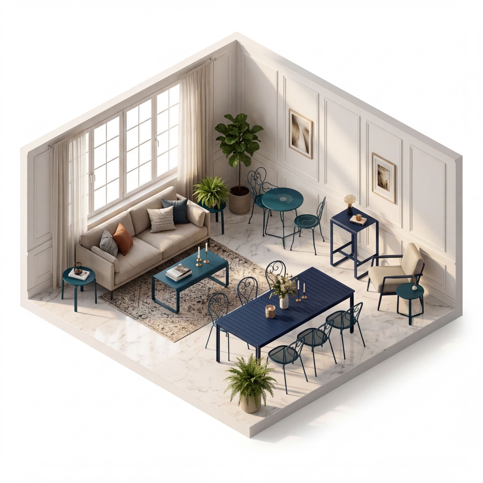 Sovrummets render 6 med Fermob Bellevie barbord, deep blue, Fermob Lorette bord, Acapulco blue, ø110 cm, Fermob Bellevie