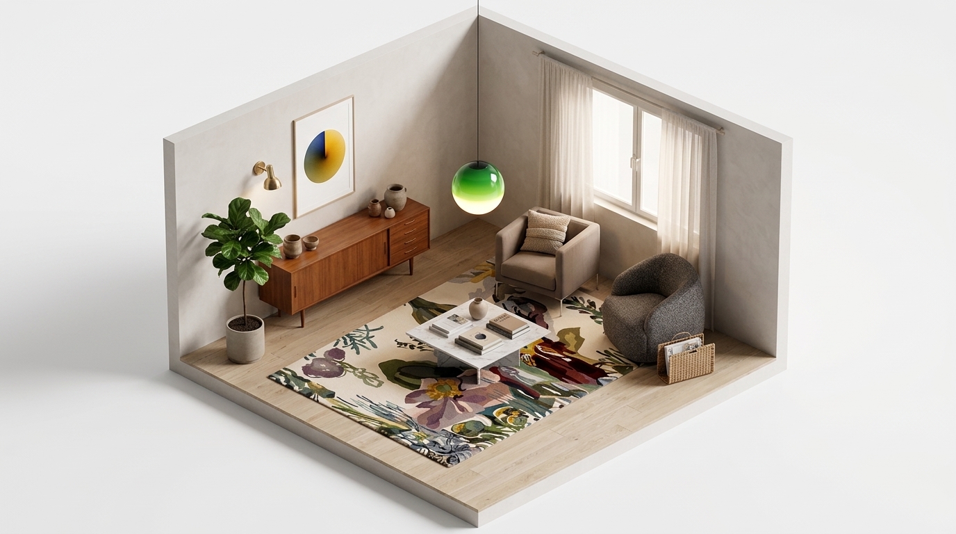 livingroom med Nanimarquina Flora Backyard Rug, Paper Collective Perfect Circle poster, 30x40 cm, &Tradition Margas Lounge