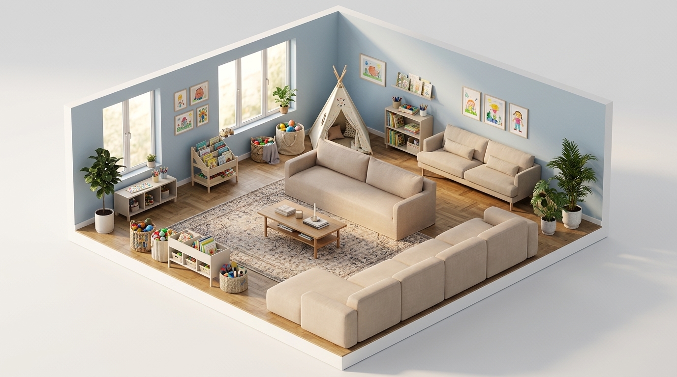 Azure Oak Play Haven med Dusty Deco Dolores Sand Sofa, 1898 Bredhult soffa 3-sits, Bern 0341 beige-vitoljad ek, NO GA Brick