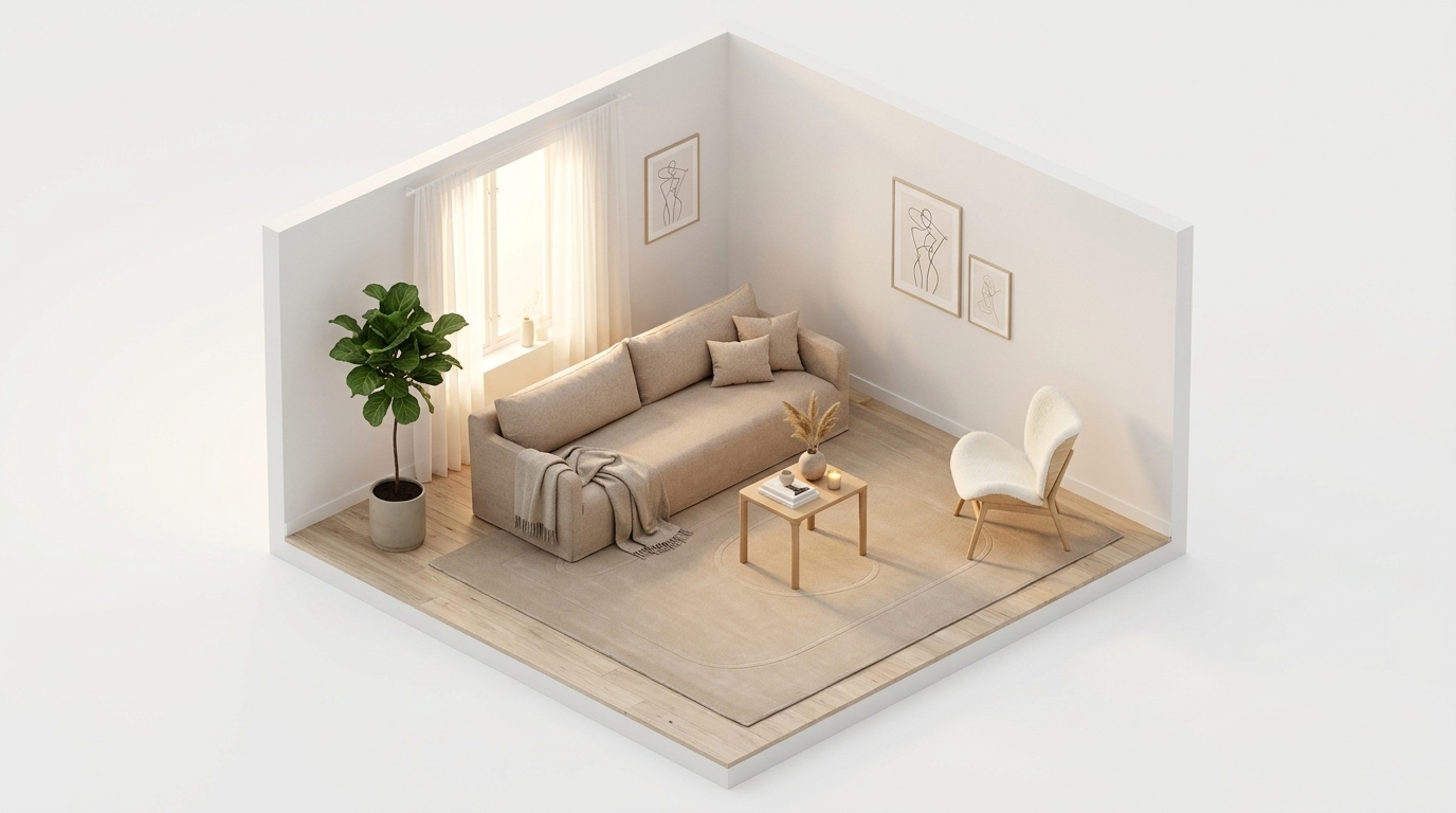 Sandstone Nordic Comfort med Dusty Deco Dolores Sand Sofa, Fredericia Furniture Piloti soffbord 31 x 39 cm, Umage A