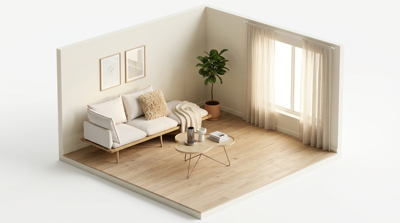 Sunlit Nordic Comfort med Umage Lounge Around 3-sits soffa Oak/White Sands, Swedese Flower mono bord 84x90 cm, H39 Ek